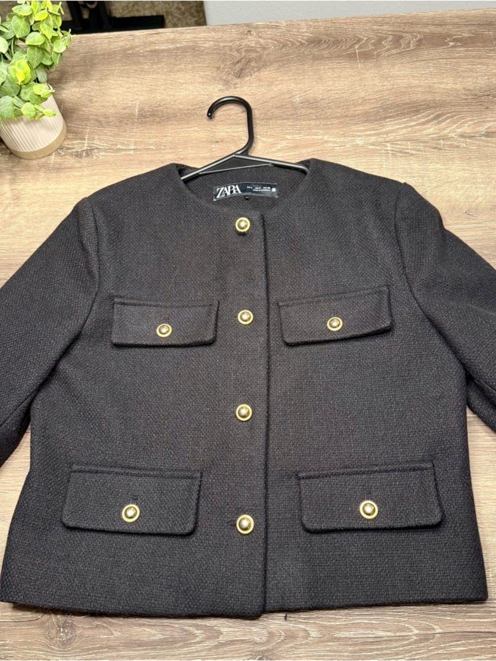 ZARA Black Textured Boxy Jacket with Gold Buttons